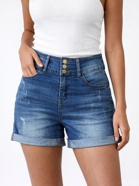 Triple-Button High-Rise Rolled Cuff Jean Shorts - Blue